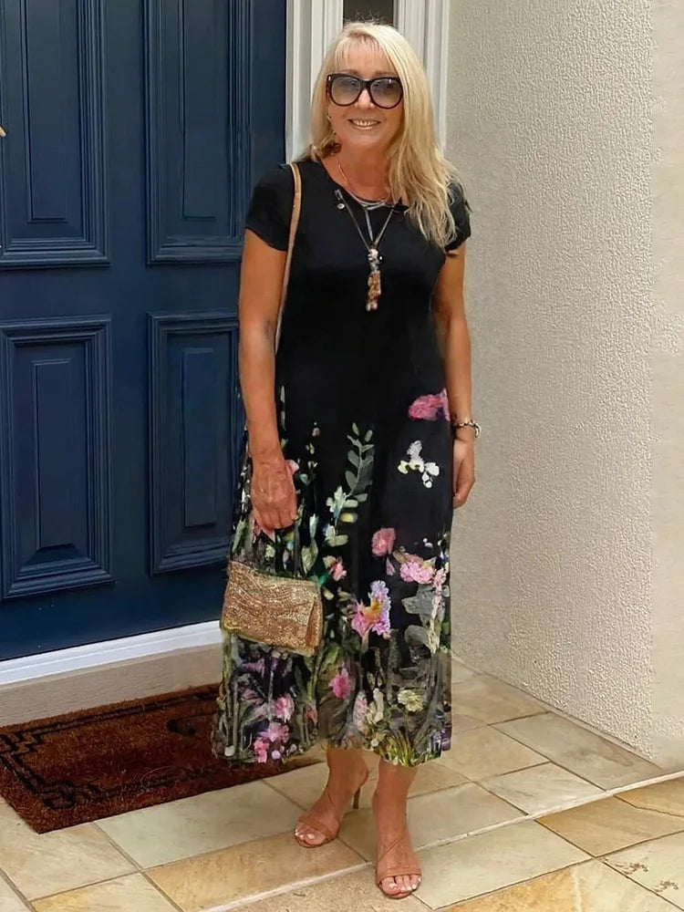 Léonie™ – Trendiges bedrucktes Kleid mit Taschen und Rundhalsausschnitt