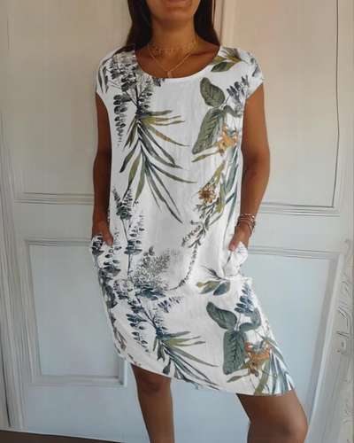 JOANA - BEDRUCKTES KLEID MIT RUNDHALSAUSSCHNITT AUS BAUMWOLLE UND LEINEN