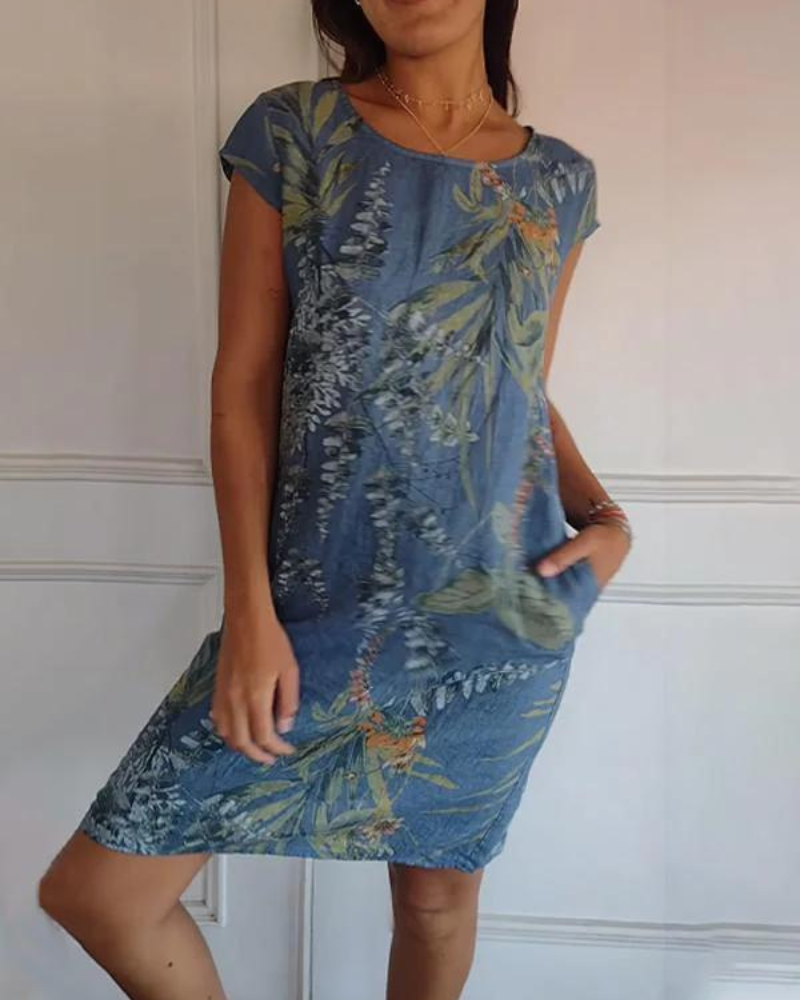JOANA - BEDRUCKTES KLEID MIT RUNDHALSAUSSCHNITT AUS BAUMWOLLE UND LEINEN