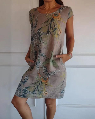 JOANA - BEDRUCKTES KLEID MIT RUNDHALSAUSSCHNITT AUS BAUMWOLLE UND LEINEN