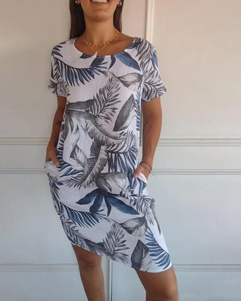 JOANA - BEDRUCKTES KLEID MIT RUNDHALSAUSSCHNITT AUS BAUMWOLLE UND LEINEN