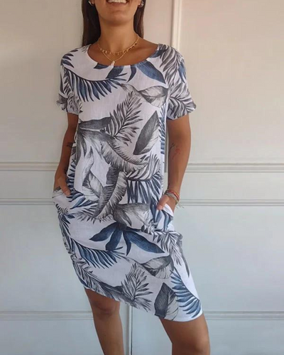 JOANA - BEDRUCKTES KLEID MIT RUNDHALSAUSSCHNITT AUS BAUMWOLLE UND LEINEN