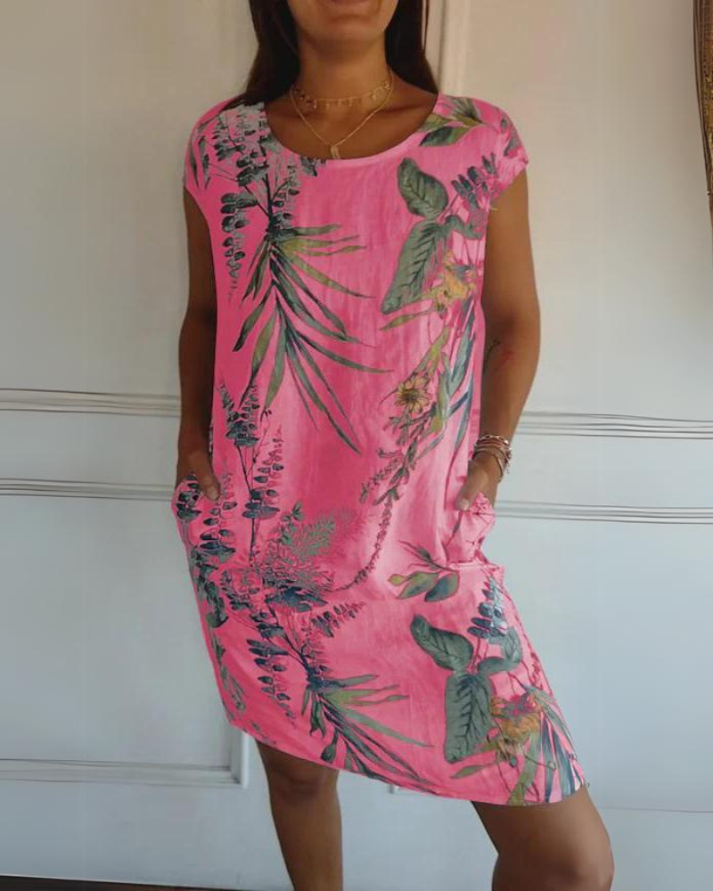 JOANA - BEDRUCKTES KLEID MIT RUNDHALSAUSSCHNITT AUS BAUMWOLLE UND LEINEN