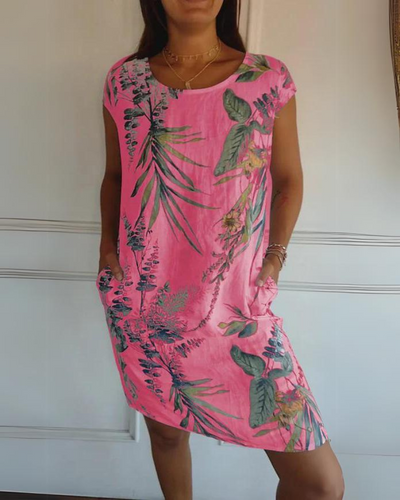 JOANA - BEDRUCKTES KLEID MIT RUNDHALSAUSSCHNITT AUS BAUMWOLLE UND LEINEN