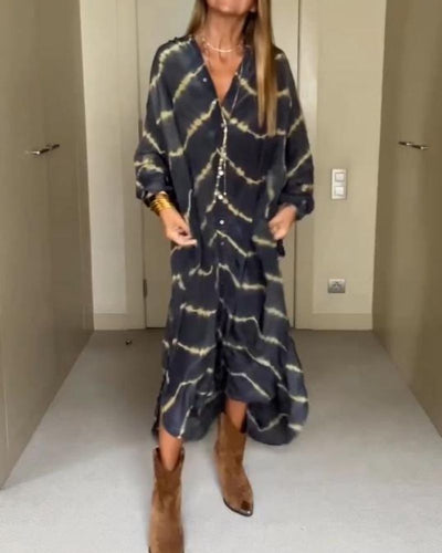 BOMEA - BOHEMIAN LANGES KLEID MIT STREIFEN UND LANGEN ÄRMELN