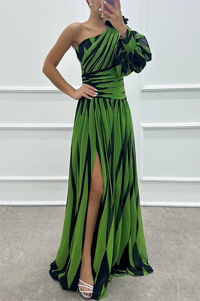 Thea™ - Elegantes gestreiftes Maxikleid mit einer Schulter