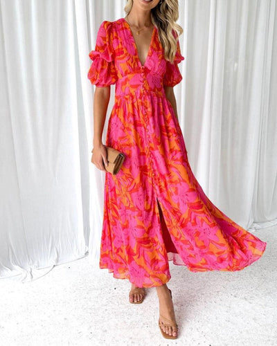 Jana™ - Elegantes Maxikleid mit Puffärmeln und V-Ausschnitt