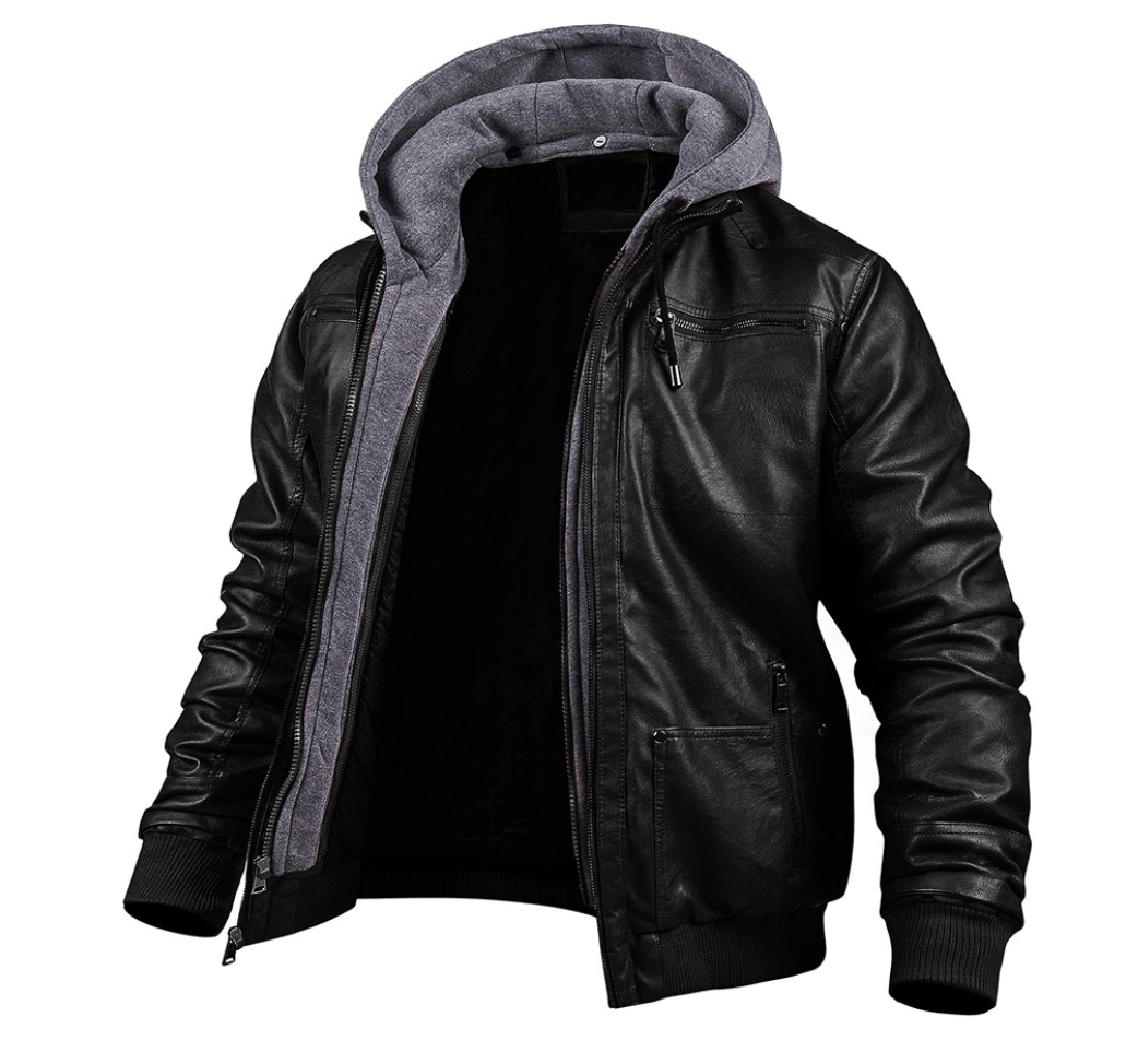 Stylische Premium Leder Winterjacke mit Kapuze