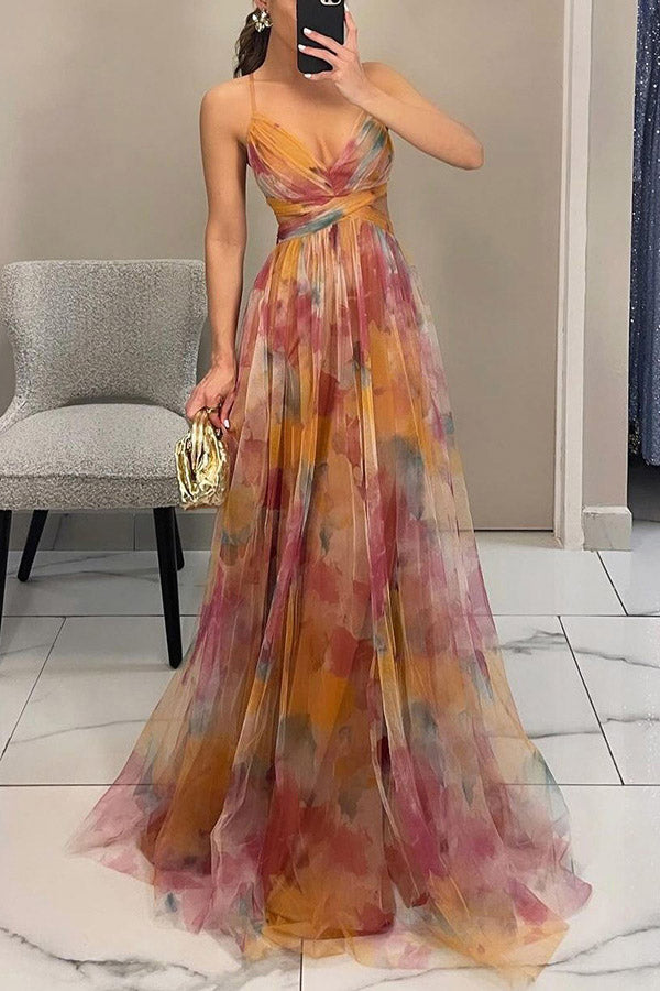 Eliana™ - Gemaltes Florales Maxikleid mit V-Ausschnitt