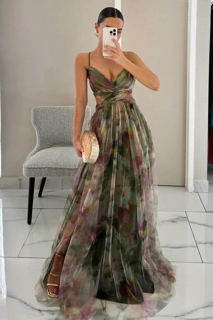 Eliana™ - Gemaltes Florales Maxikleid mit V-Ausschnitt