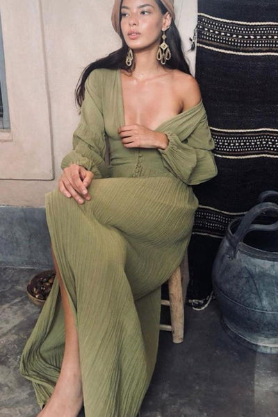 Josefine™ - V-Ausschnitt Plissee Maxi-Milchmädchenkleid