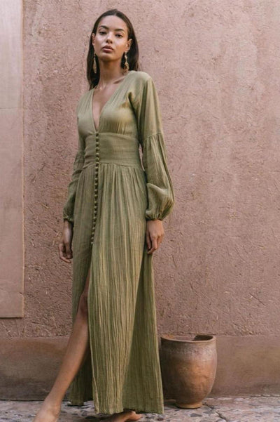 Josefine™ - V-Ausschnitt Plissee Maxi-Milchmädchenkleid