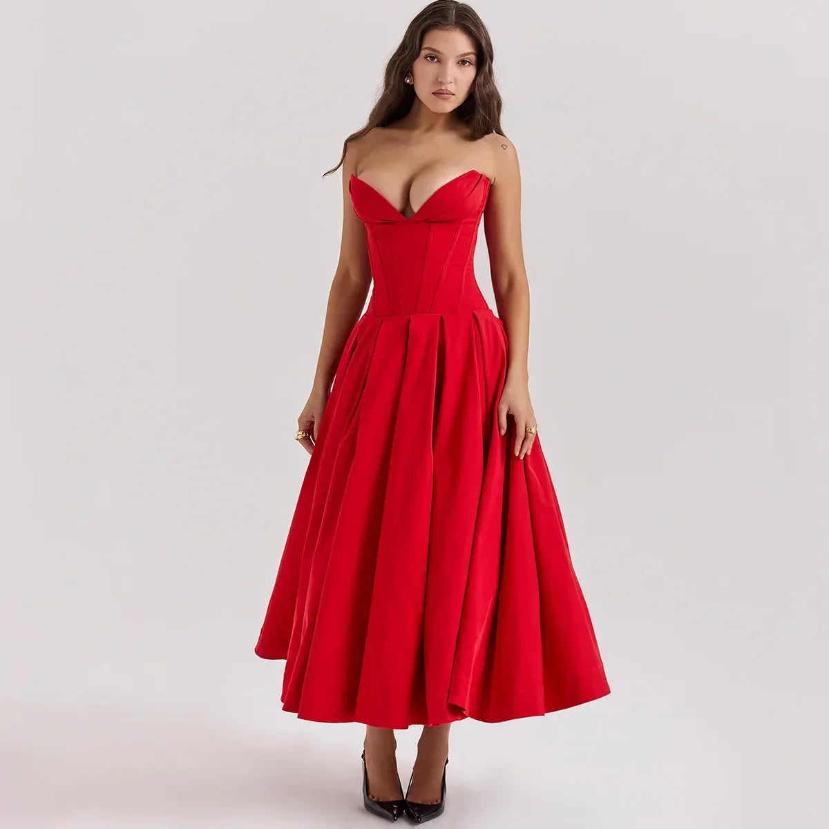 Tabea™ - Schlichtes trägerloses plissiertes Midikleid