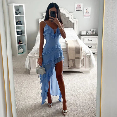 Lilah™ - Einfarbiges, schmales Kleid mit V-Ausschnitt und Rüschen
