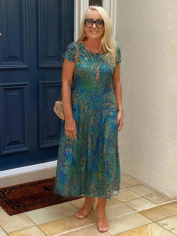 Léonie™ – Trendiges bedrucktes Kleid mit Taschen und Rundhalsausschnitt