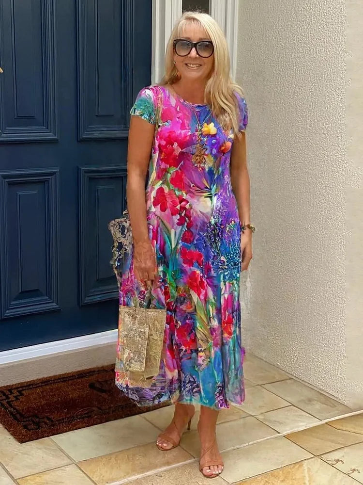 Léonie™ – Trendiges bedrucktes Kleid mit Taschen und Rundhalsausschnitt