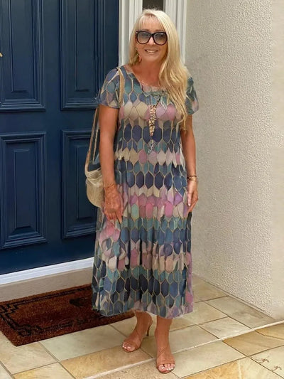 Léonie™ – Trendiges bedrucktes Kleid mit Taschen und Rundhalsausschnitt